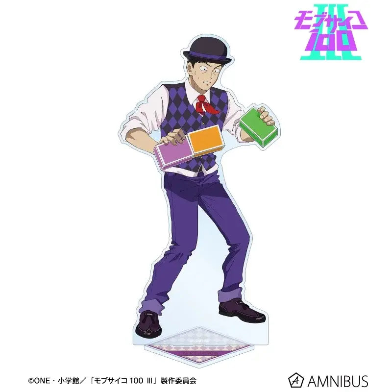 Mob psycho 100 shigeo acrylic stand featuring a figure in black bowler hat purple vest holding colorful magic boxes