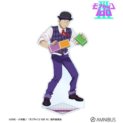 Mob psycho 100 shigeo acrylic stand featuring a figure in black bowler hat purple vest holding colorful magic boxes