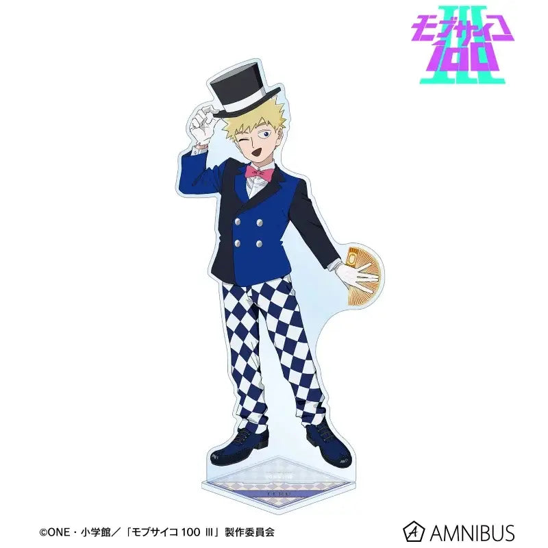 Mob psycho shigeo acrylic stand featuring a blue double-breasted suit with black lapels and checkered trousers