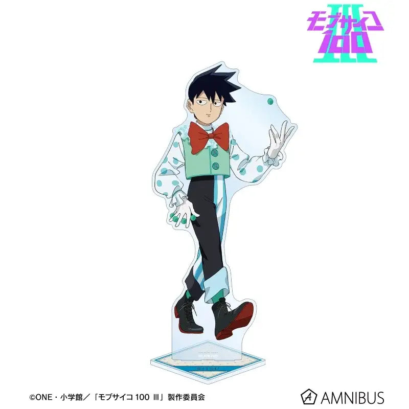 Clear acrylic stand featuring shigeo with black spiky hair wearing teal polka dot vest from mob psycho 100 acrylic stand