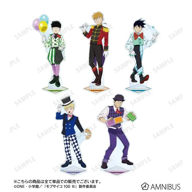 Mob psycho 100 shigeo acrylic stand featuring five distinct anime character standees with unique poses and outfits