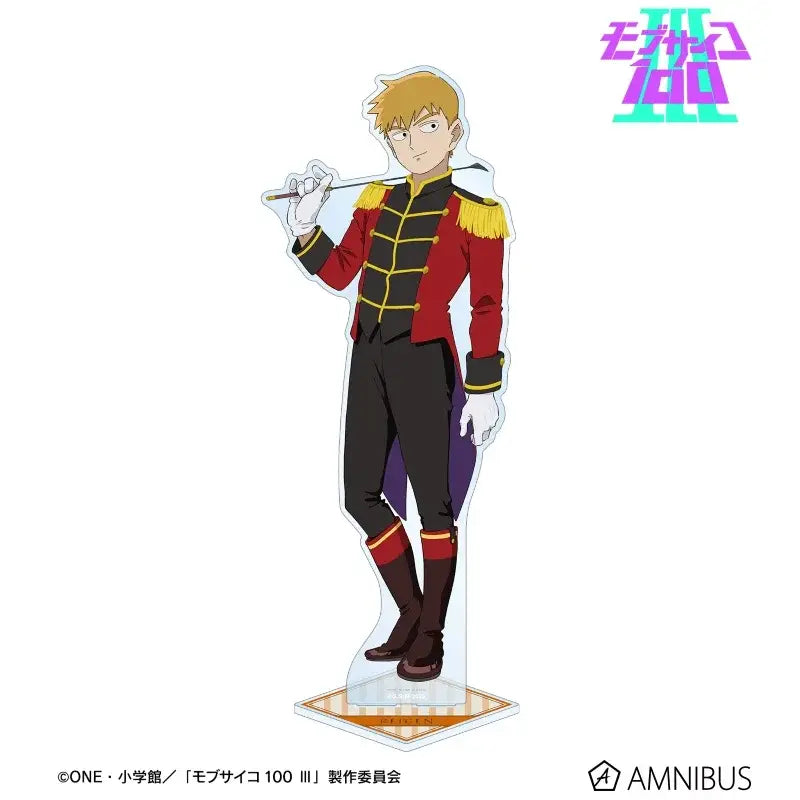 Red and black military-style jacket with gold trim and matching trousers displayed on a mob psycho shigeo acrylic stand