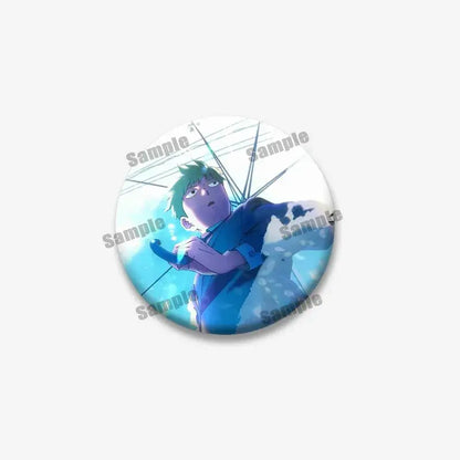 Circular mob psycho lapel pin featuring shigeo arataka with green hair in blue outfit against dynamic light streaks background