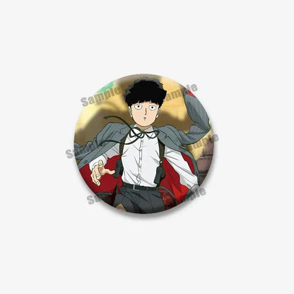 Circular mob psycho lapel pin featuring shigeo arataka in white shirt gray jacket and red vest coin brooch design