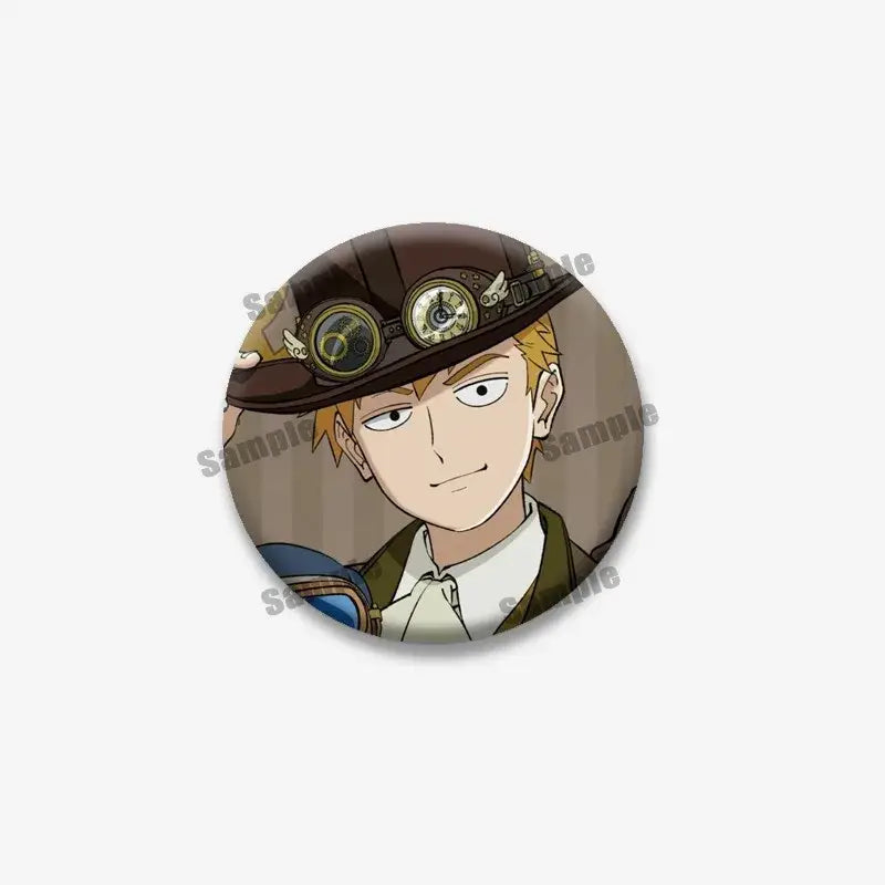 Brown steampunk-themed circular lapel pin featuring mob psycho shigeo arataka with goggles and hat coin brooch