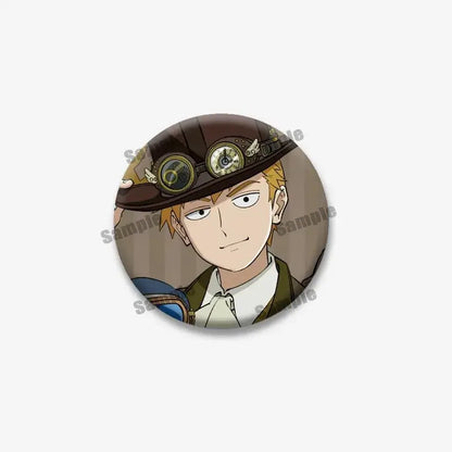 Brown steampunk-themed circular lapel pin featuring mob psycho shigeo arataka with goggles and hat coin brooch