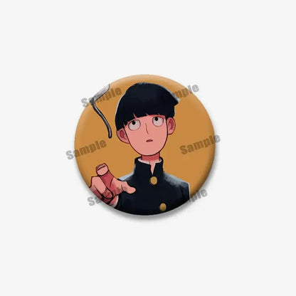 Circular mob psycho lapel pin featuring shigeo arataka with black hair in dark uniform on warm orange background