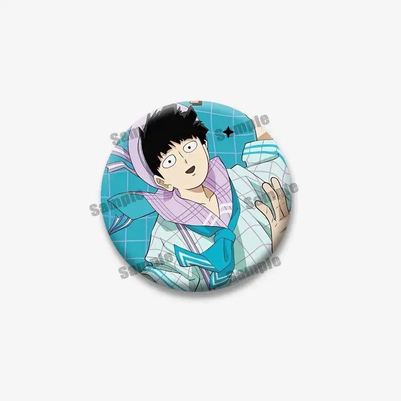 Circular lapel pin featuring shigeo arataka from mob psycho 100 in a blue and white checkered robe with surprised expression