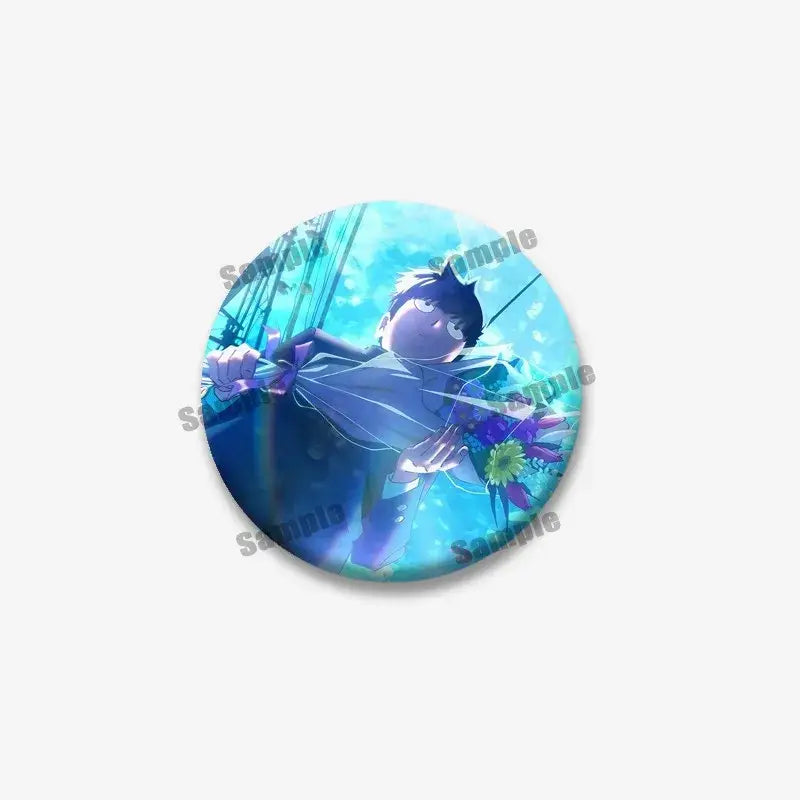 Circular mob psycho lapel pin featuring shigeo arataka with dark hair and purple outfit on blue floral background