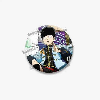 Circular mob psycho lapel pin featuring shigeo arataka with black hair in a blue and gold traditional jacket