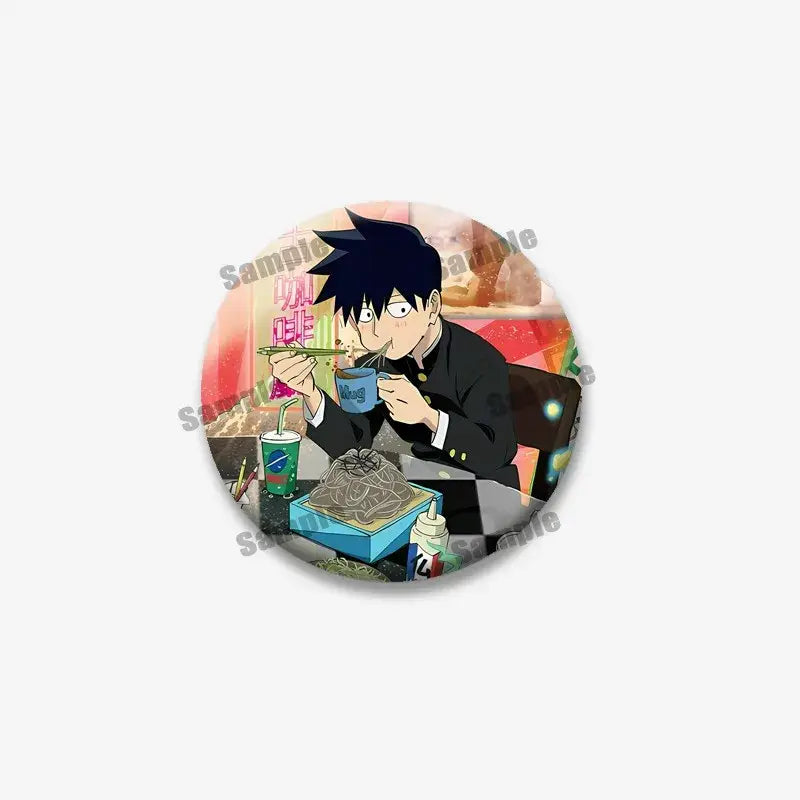Circular mob psycho shigeo arataka lapel pin featuring anime character in dark suit eating noodles at a table