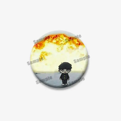 Circular mob psycho 100 shigeo arataka lapel pin featuring cartoon character in black uniform before orange explosion