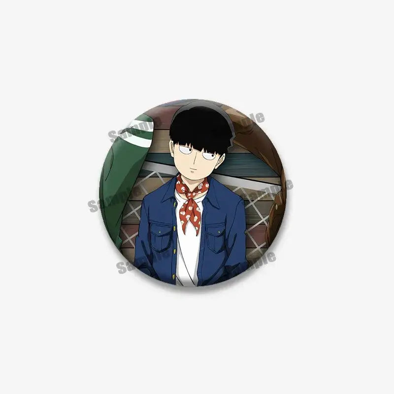 Circular lapel pin featuring mob psycho character shigeo arataka with black hair and blue denim jacket design