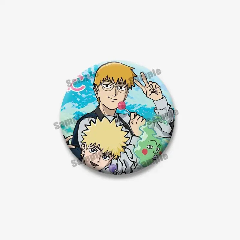 Circular mob psycho 100 shigeo arataka lapel pin with vibrant colors and detailed anime artwork coin brooch design