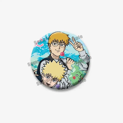 Circular mob psycho 100 shigeo arataka lapel pin with vibrant colors and detailed anime artwork coin brooch design