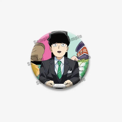 Circular mob psycho lapel pin featuring shigeo arataka in a black suit with green tie holding papers on colorful background