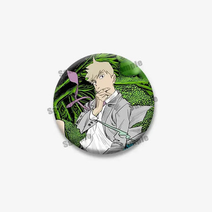 Circular mob psycho lapel pin featuring shigeo arataka with blonde hair in a grey suit on a green leafy background