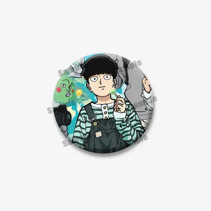 Circular mob psycho lapel pin featuring shigeo arataka with black hair and green-striped shirt holding a lollipop
