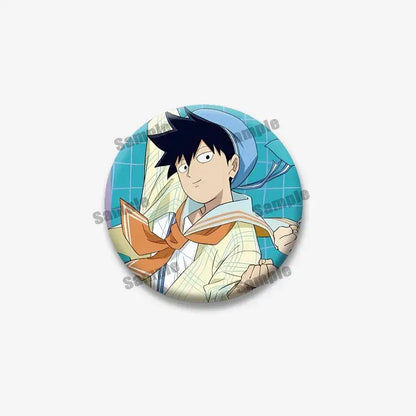 Circular lapel pin featuring shigeo arataka from mob psycho 100 with spiky hair and blue headband on teal background