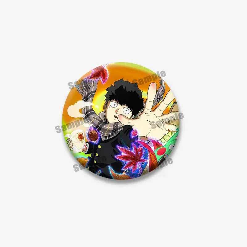 Circular mob psycho lapel pin featuring shigeo arataka with black hair and plaid scarf on vibrant orange and green background