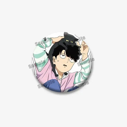 Circular mob psycho lapel pin featuring shigeo arataka in pink hoodie holding a black cat on his head