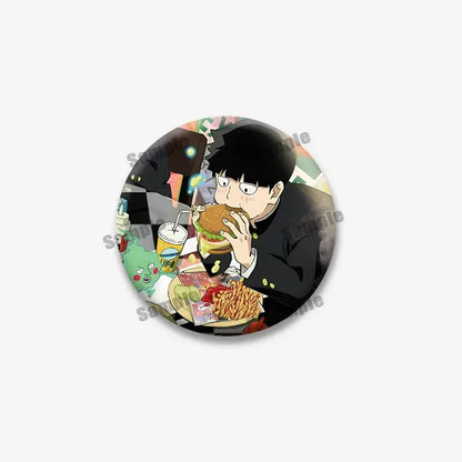 Circular mob psycho lapel pin featuring shigeo arataka in a black suit eating a burger with fries and soda