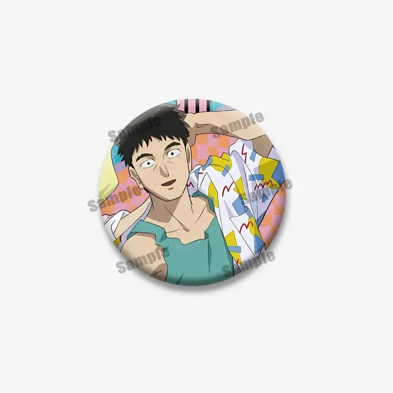 Circular mob psycho lapel pin featuring shigeo arataka with black hair and teal tank top on a colorful geometric background