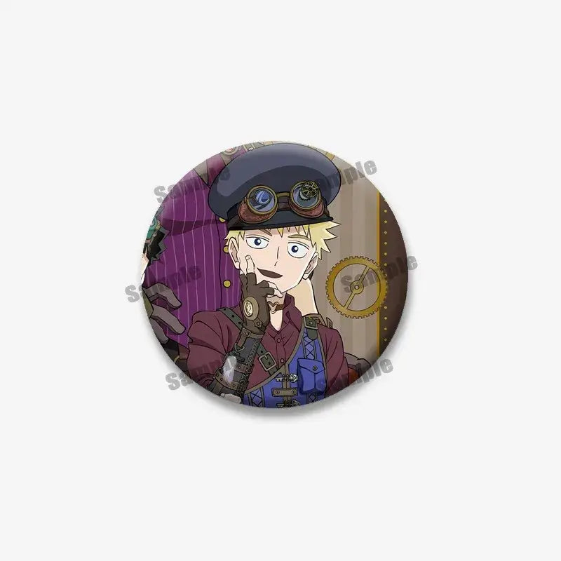 Circular mob psycho lapel pin featuring shigeo arataka with blonde hair and steampunk hat in maroon shirt and blue overalls