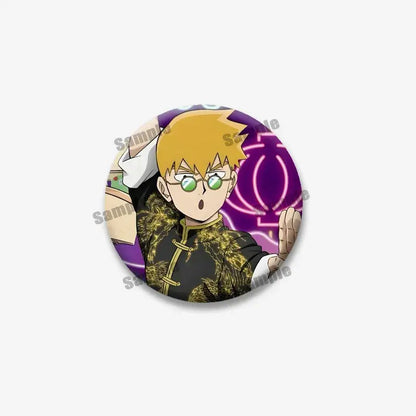 Circular mob psycho lapel pin featuring shigeo arataka with blonde hair, green glasses, and gold embroidered black jacket