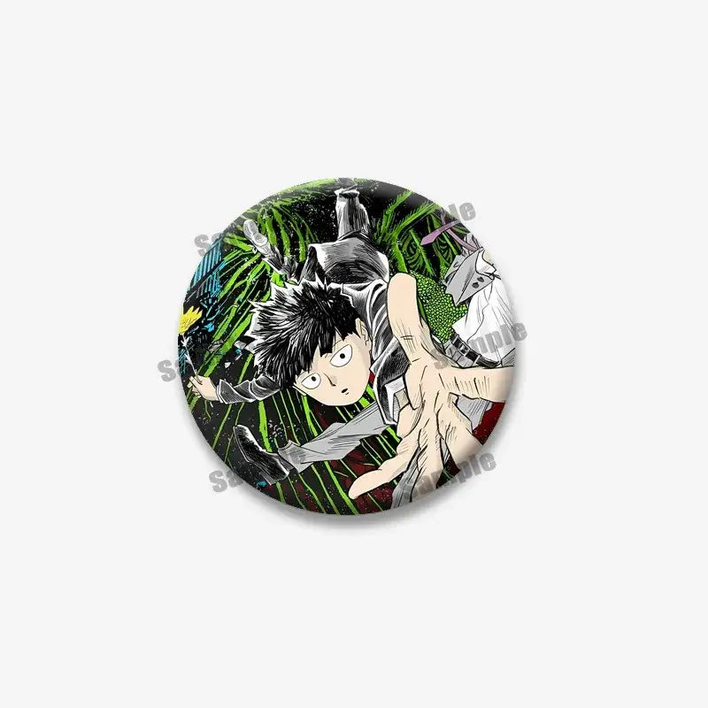 Circular mob psycho lapel pin featuring shigeo arataka with spiky black hair and neon green streak background