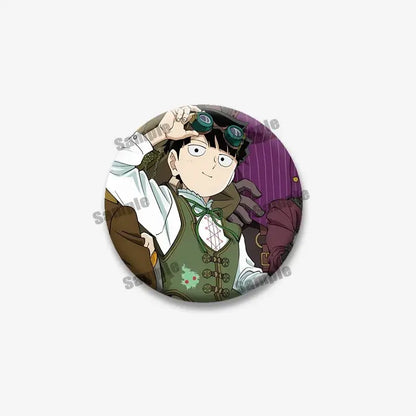 Circular lapel pin featuring mob psycho character shigeo arataka in green vest with goggles on head coin brooch