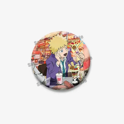 Circular lapel pin featuring shigeo arataka from mob psycho 100 in a purple suit sitting at a table with desserts and drinks