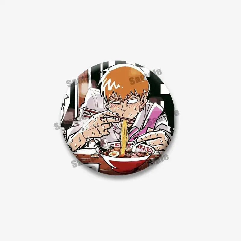 Circular lapel pin featuring mob psycho shigeo arataka enthusiastically eating ramen from a red bowl