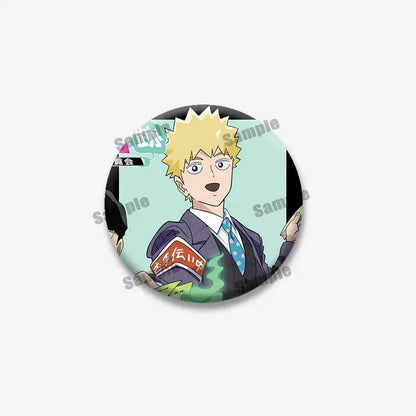 Circular mob psycho lapel pin featuring shigeo arataka with spiky blonde hair in dark suit and tie design