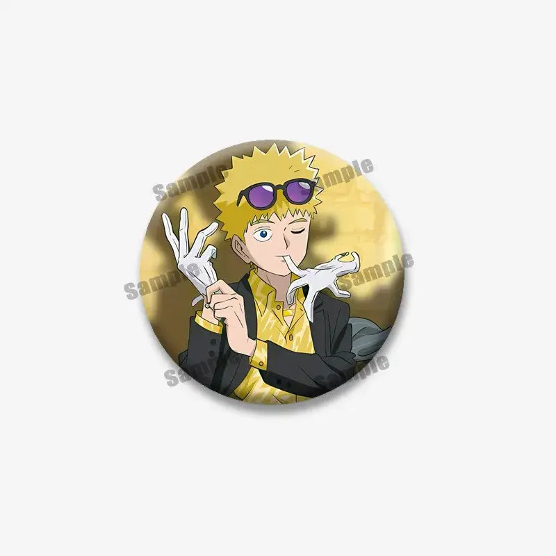 Circular mob psycho 100 shigeo arataka lapel pin featuring anime character with spiky blonde hair and purple sunglasses
