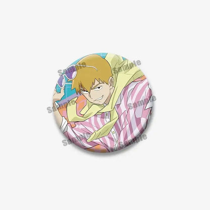 Circular mob psycho lapel pin featuring shigeo arataka with blonde hair in pink and white striped shirt and yellow hoodie