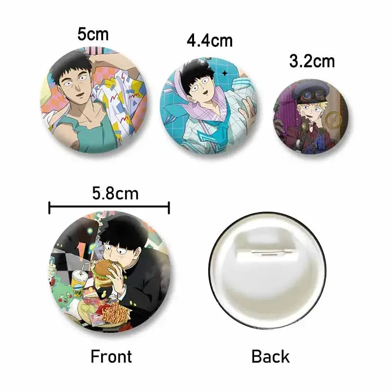 Circular mob psycho 100 shigeo arataka lapel pin with colorful printed design and metallic back fastener