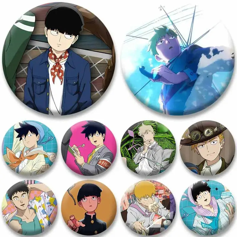 Collection of colorful circular mob psycho shigeo arataka lapel pins featuring anime character coin brooch designs