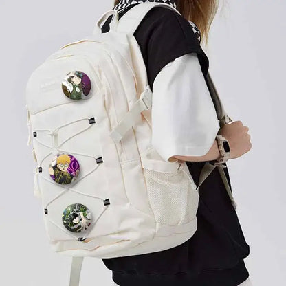 Off-white canvas backpack with three mob psycho shigeo arataka lapel pin coin brooch anime-themed badges attached front