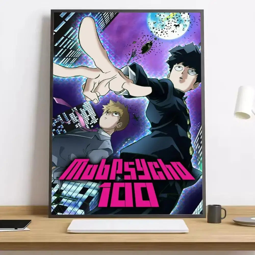 Mob psycho 100 shigeo canvas poster featuring vibrant purple and pink anime characters on a cosmic cityscape background