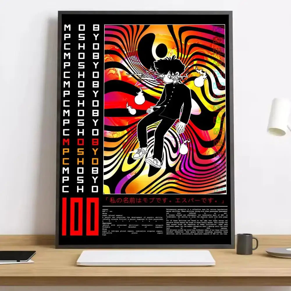 Vibrant psychedelic mob psycho shigeo canvas poster with black and white anime character on swirling rainbow background