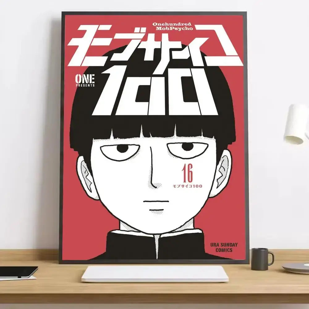 Red-framed mob psycho 100 shigeo canvas poster with bold white japanese text and waterproof durable material