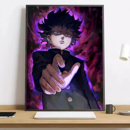 A framed mob psycho shigeo canvas poster featuring the character with spiky black hair and glasses on a purple background