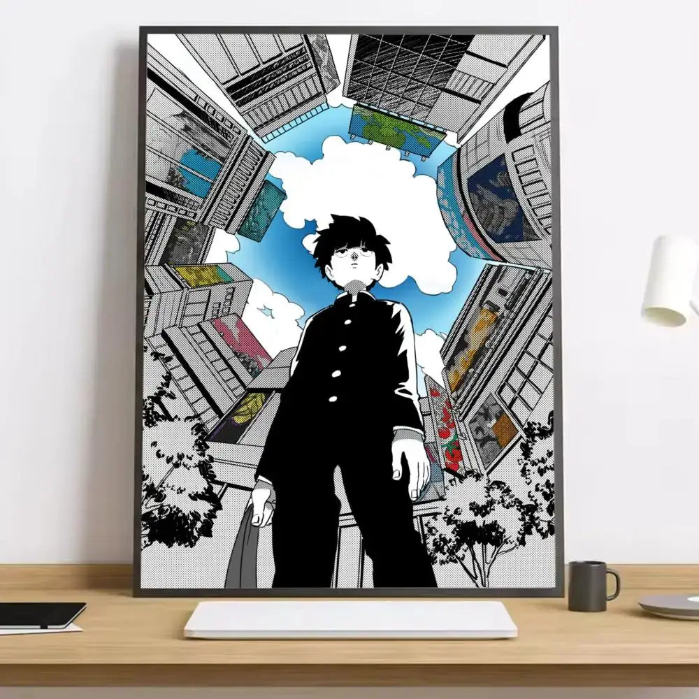 Black and white mob psycho shigeo canvas poster featuring a school uniform character amid tall buildings under blue sky
