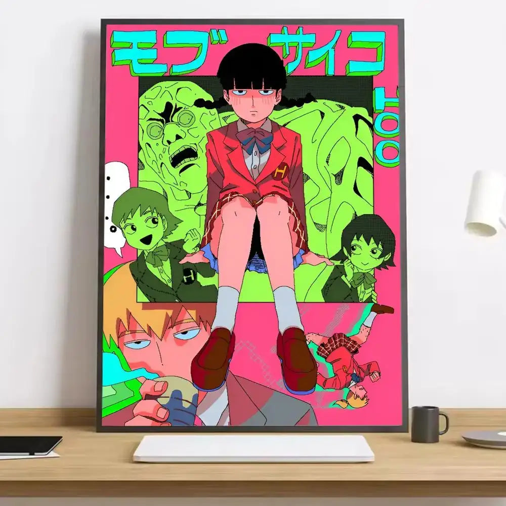 Vibrant pink and green mob psycho canvas poster featuring shigeo in a red blazer with bow tie on durable waterproof material