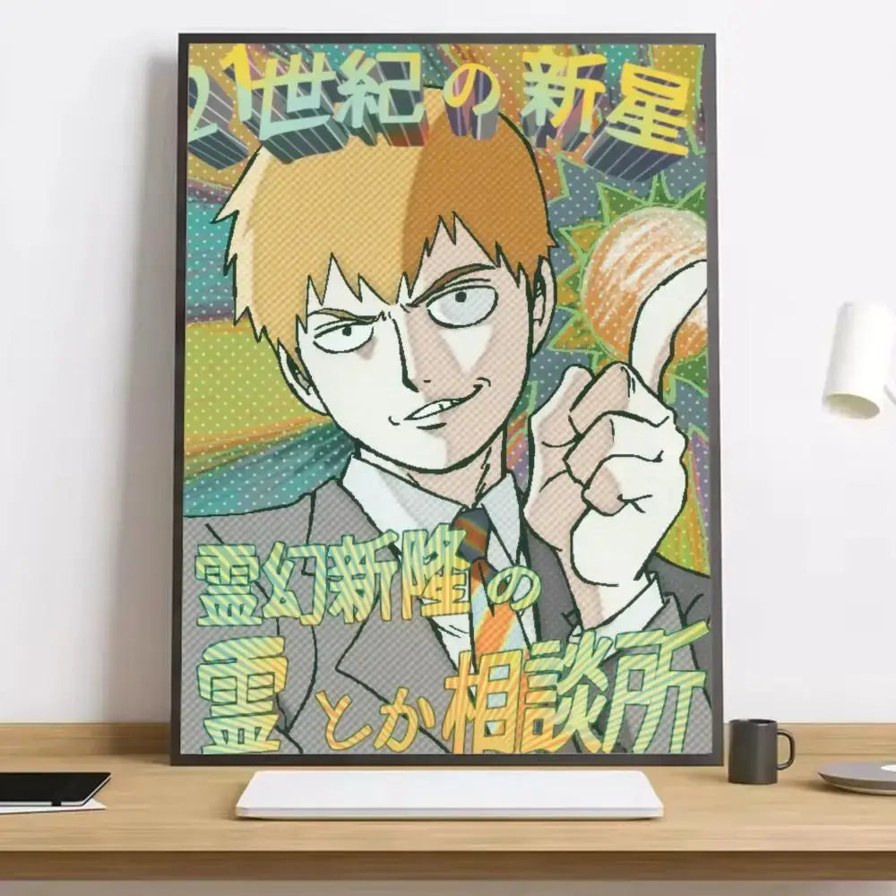 Vibrant mob psycho shigeo canvas poster featuring a blonde anime character with bold green and yellow japanese text