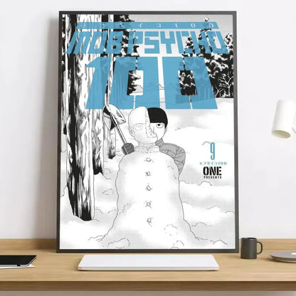 Black and white mob psycho canvas poster featuring saitama holding a shovel with bold blue text and japanese characters