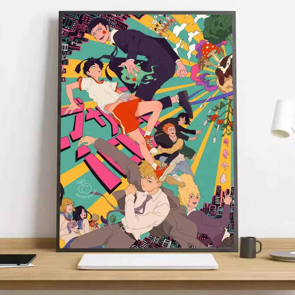 Vibrant mob psycho 100 shigeo canvas poster with waterproof durable material featuring colorful cityscape accents