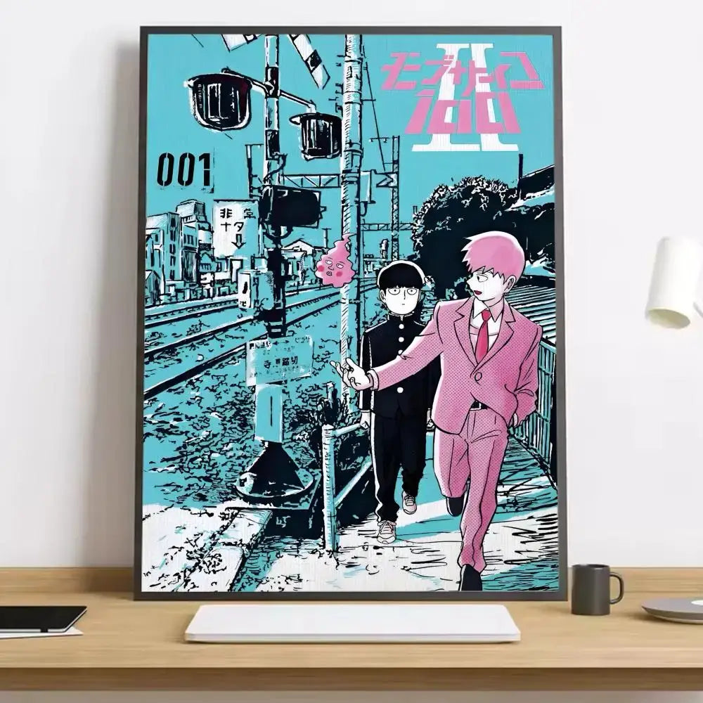 A framed mob psycho 100 shigeo canvas poster with bold pink and teal colors on black outlines, waterproof and durable