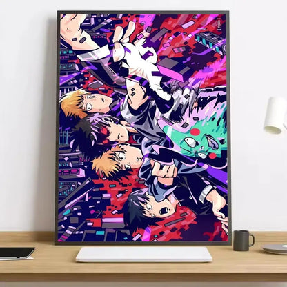 Vibrant mob psycho 100 shigeo canvas poster with dynamic characters and pixelated cityscape in bold purple and red hues